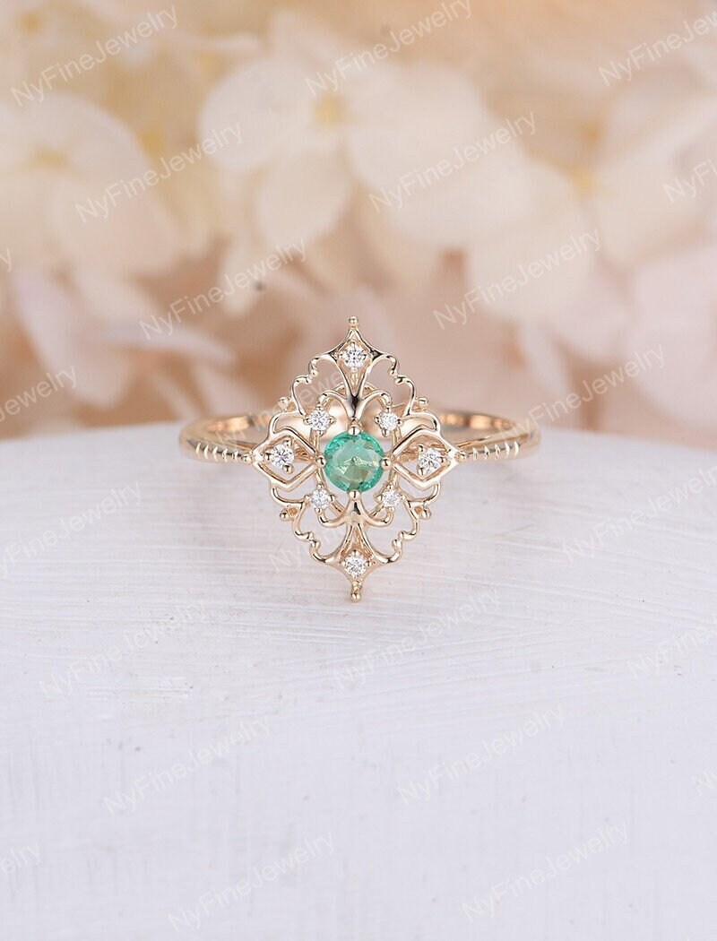 Vintage Natural Emerald Engagement Ring, Art Deco 14K/18K Yellow Gold Ring, Antique Round Cut Diamond Ring,Delicate Promise Anniversary Ring