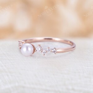 Vintage Akoya Pearl engagement Ring Rose Gold Delicate pearl wedding ring Unique Diamond cluster Bridal ring Promise Anniversary ring image 3