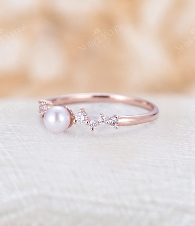 Vintage Akoya Pearl engagement Ring Rose Gold Delicate pearl wedding ring Unique Diamond cluster Bridal ring Promise Anniversary ring image 3