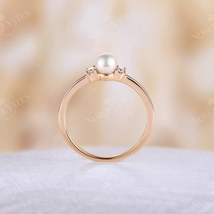 Akoya Pearl engagement ring Pearl ring rose gold Diamond wedding Dainty Three stones simple Unique art deco Anniversary promise ring image 4