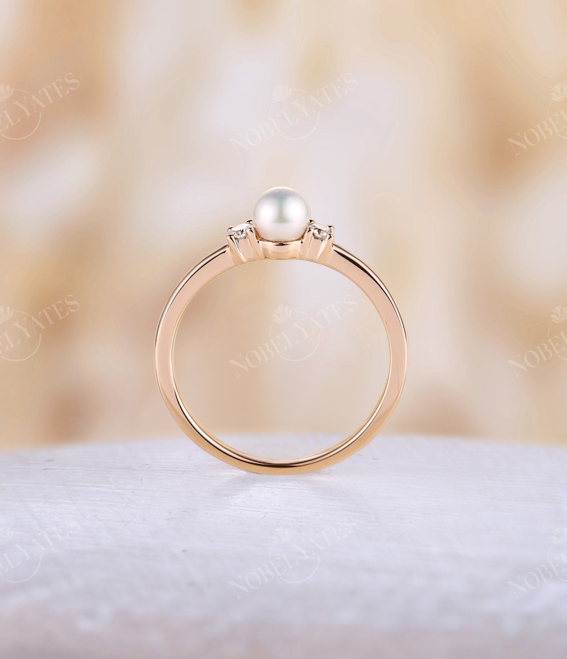 Akoya Pearl engagement ring Pearl ring rose gold Diamond wedding Dainty Three stones simple Unique art deco Anniversary promise ring image 4