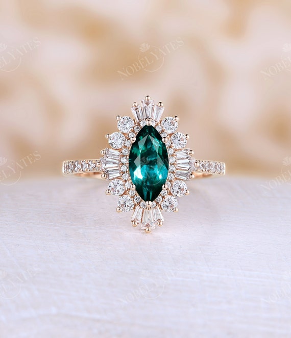 Marquise Cut Lab Emerald Engagement Ring Art Deco Half - Etsy
