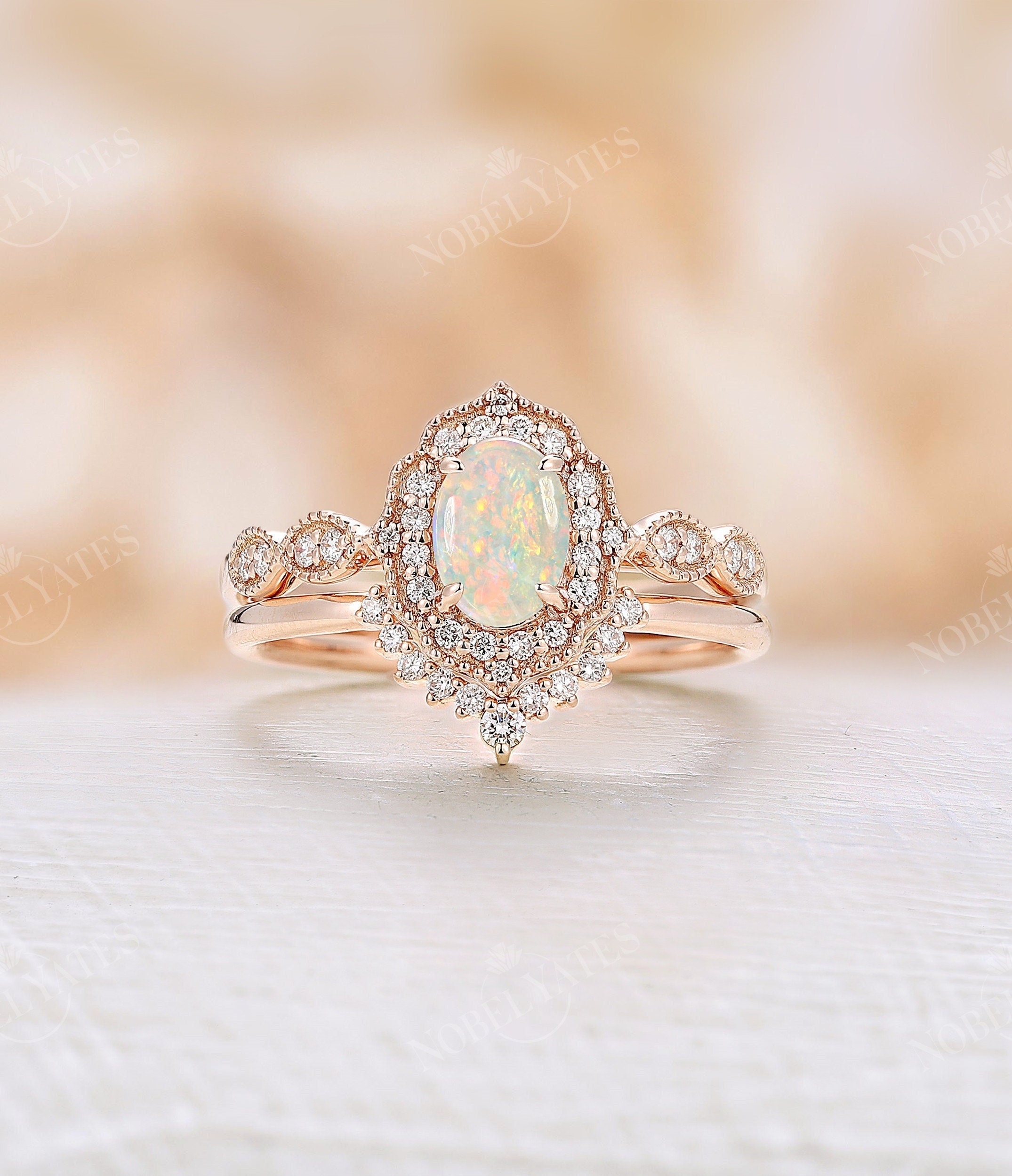 Art Deco Natural Opal Engagement Ring Set, 14K Rose Gold Milgrain Ring Set, Halo Diamond Ring, Antique Curved Wedding Band, Bridal Ring Set