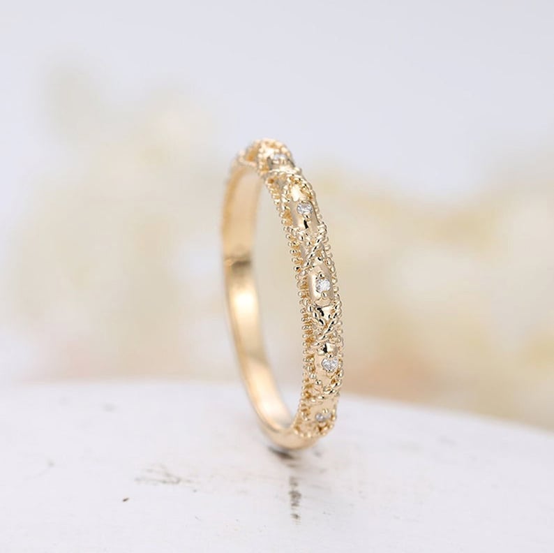 Vintage Diamond moissanite wedding band art deco half eternity bridal straight band yellow gold stacking matching ring bridal Milgrain band image 1