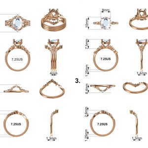 May include: A collection of rose gold rings with various designs and measurements. The rings include a marquise-shaped ring, a ring with a square-cut stone, and several band styles. Measurements are provided in millimeters and US ring size 7.25.