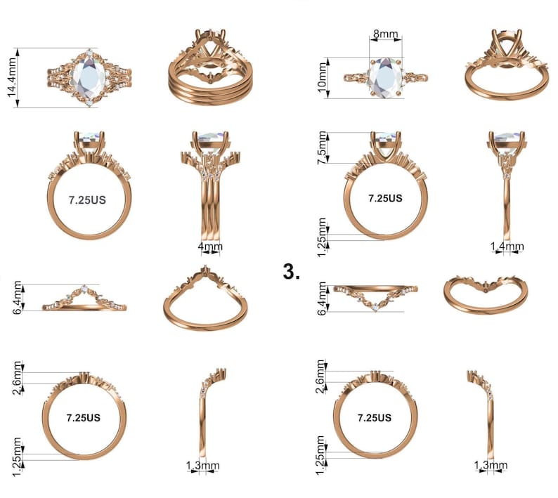 May include: A collection of rose gold rings with various designs and measurements. The rings include a marquise-shaped ring, a ring with a square-cut stone, and several band styles. Measurements are provided in millimeters and US ring size 7.25.