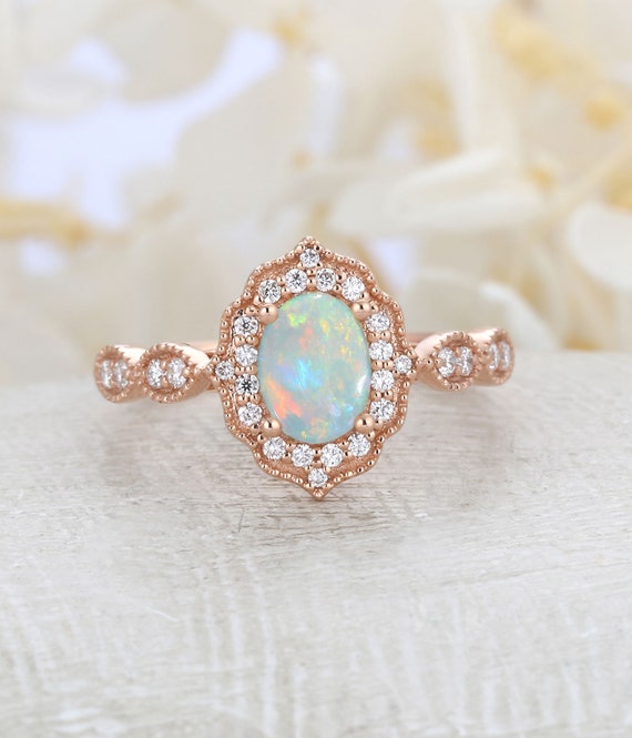 Natural Opal engagement ring rose gold engagement ring set | Etsy