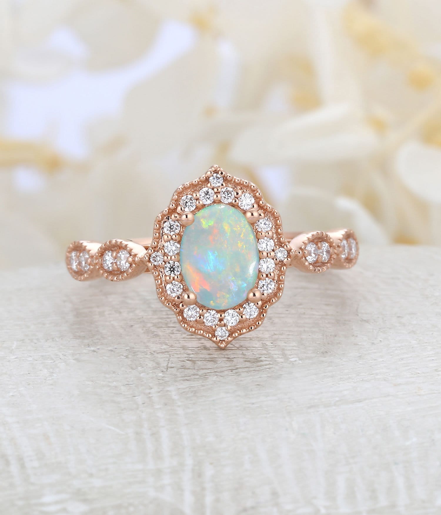 Natural Opal engagement ring rose gold engagement ring set | Etsy