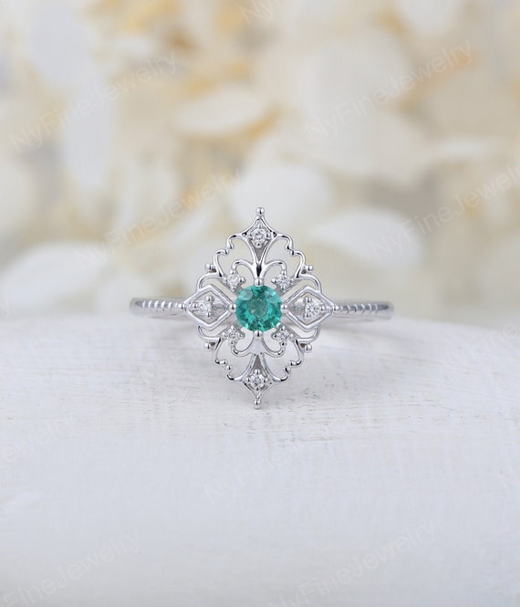 Art Deco Engagement Ring Vintage Antique Emerald Engagement Ring White Gold Alternative Unique Delicate Diamond Wedding Bridal Jewelry Art Deco Engagement Ring Vintage Antique Emerald Engagement Ring White Gold Alternative Unique Delicate Diamond Wedding Bridal Jewelry