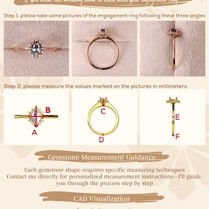 May include: Diagram illustrating the curved wedding band customization process. The image shows how to measure an engagement ring for a custom band. Text includes instructions for taking photos, measuring in millimeters, and CAD visualization.