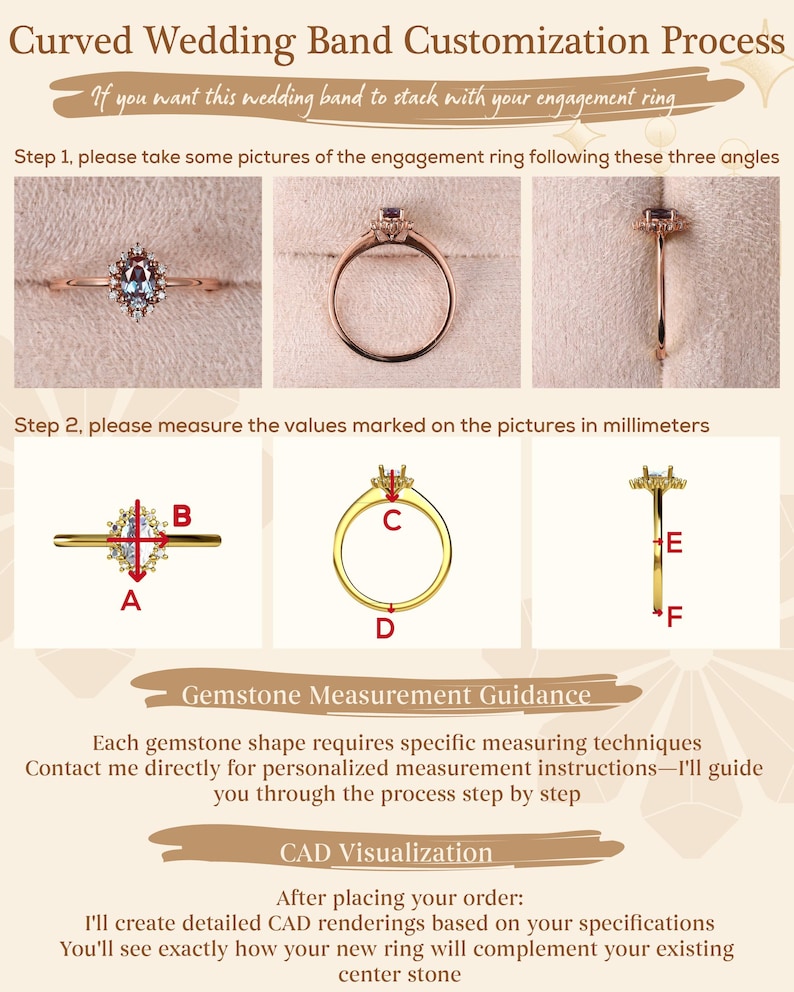 May include: Diagram illustrating the curved wedding band customization process. The image shows how to measure an engagement ring for a custom band. Text includes instructions for taking photos, measuring in millimeters, and CAD visualization.