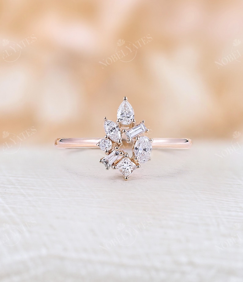 Art deco 0.5CT Diamond Cluster engagement ring vintage rose Gold Baguette cut ring Pear & Marquise shaped ring wedding Anniversary ring