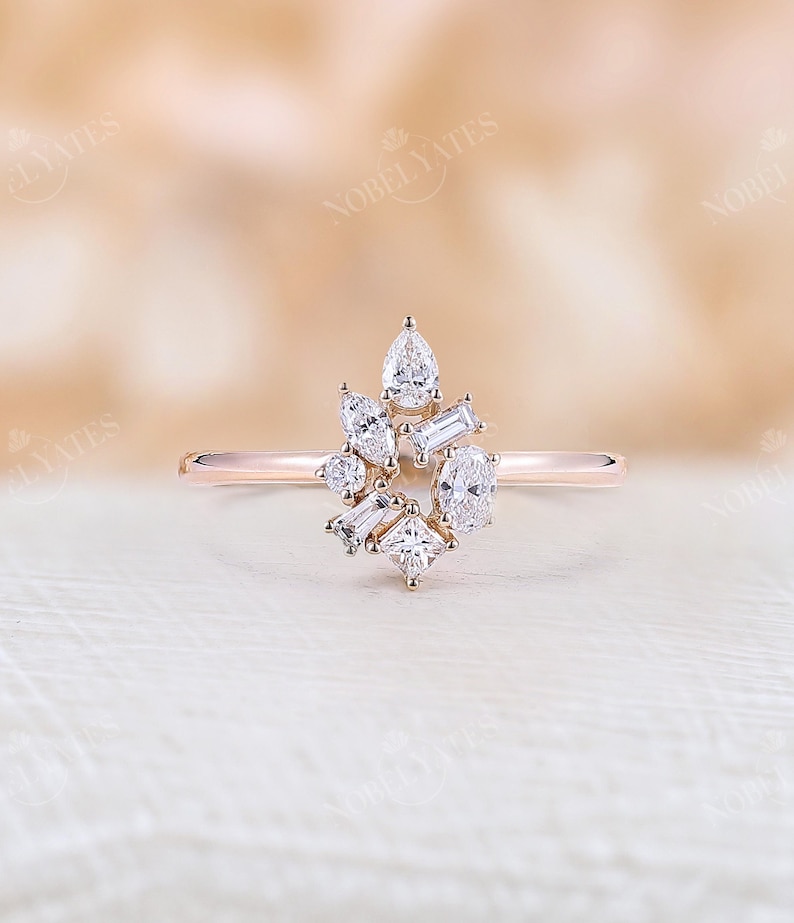 Art deco 0.5CT Diamond Cluster engagement ring vintage rose Gold Baguette cut ring Pear & Marquise shaped ring wedding Anniversary ring