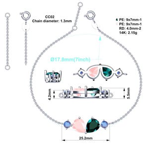 May include: A silver bracelet with a chain diameter of 1.3mm. The bracelet features a design with pink, green, and blue gemstones. The bracelet is 7 inches in diameter and 25.2mm in length. The text "CC02" is visible.