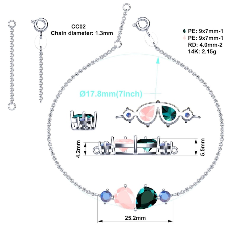May include: A silver bracelet with a chain diameter of 1.3mm. The bracelet features a design with pink, green, and blue gemstones. The bracelet is 7 inches in diameter and 25.2mm in length. The text "CC02" is visible.