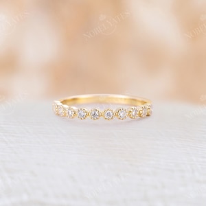 Vintage yellow gold wedding band half eternity band Moissanite ring Delicate stacking Bridal matching milgrain band promise anniversary image 2