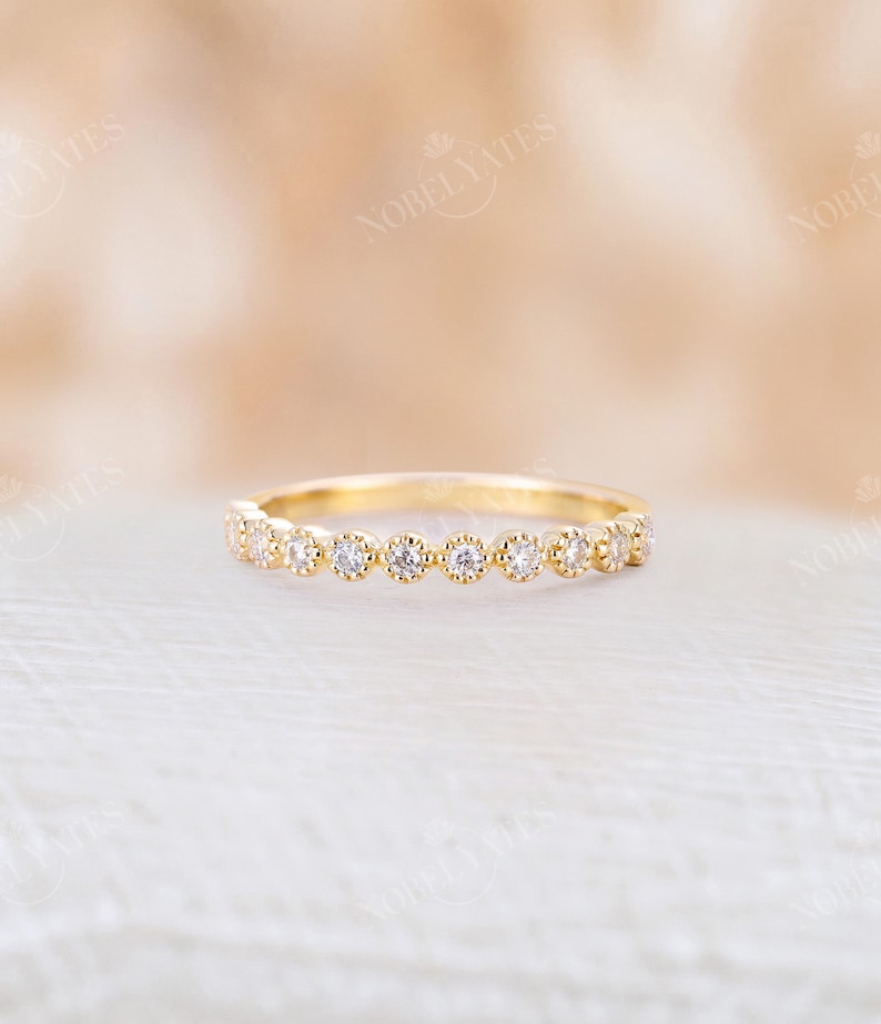 Vintage yellow gold wedding band half eternity band Moissanite ring Delicate stacking Bridal matching milgrain band promise anniversary image 2