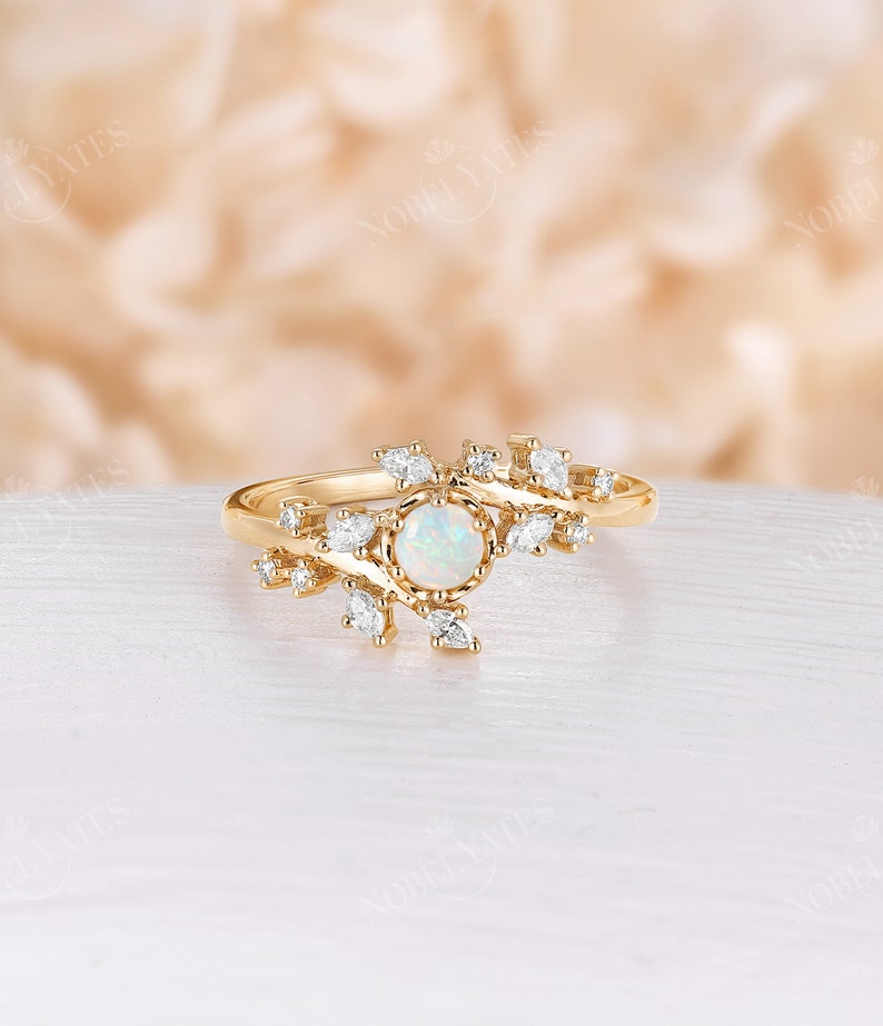 Rose gold moissanite engagement ring vintage Diamond Cluster ring prong unique leaf style wedding Bridal ring Promise Anniversary ring Natural Opal