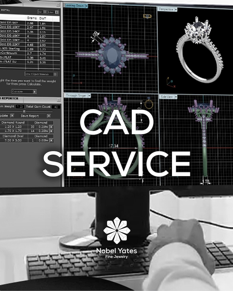 May include: A computer screen displaying CAD software for jewelry design. The screen shows 3D models of rings, along with technical data. The text "CAD SERVICE" is prominently displayed. The logo for Nobel Yates Fine Jewelry is visible.