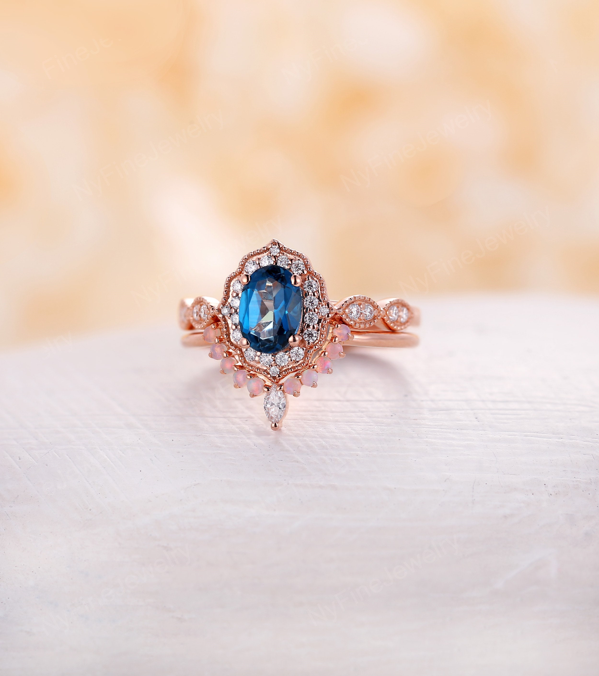 London Blue Topaz Engagement Ring Set Vintage Engagement Ring | Etsy