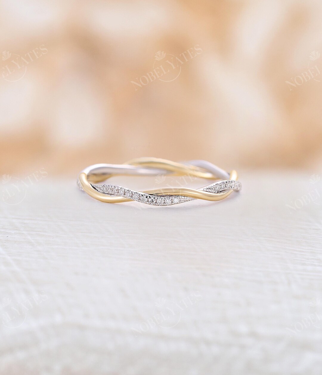 Classic Twisted 18K Gold Two Tones Wedding Band, Pave Natural Diamond ...
