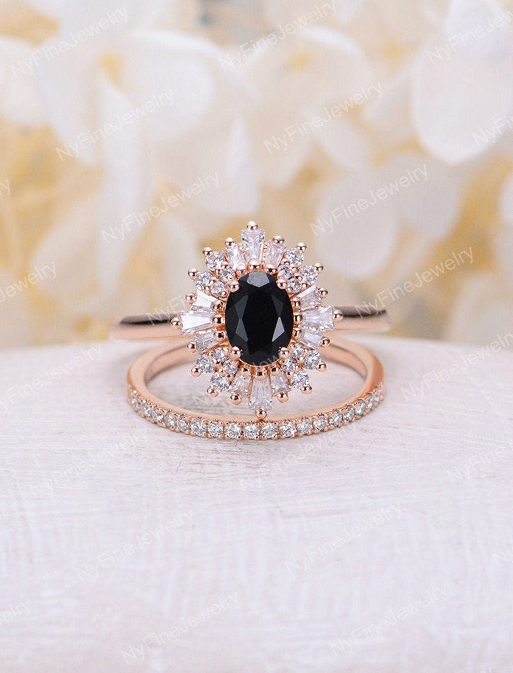 Vintage Coffin Black Onyx Engagement Ring Set Black Diamond Halo Ring Cubic  Zirconia Wedding Band Art Deco Promise Anniversary Ring - Etsy