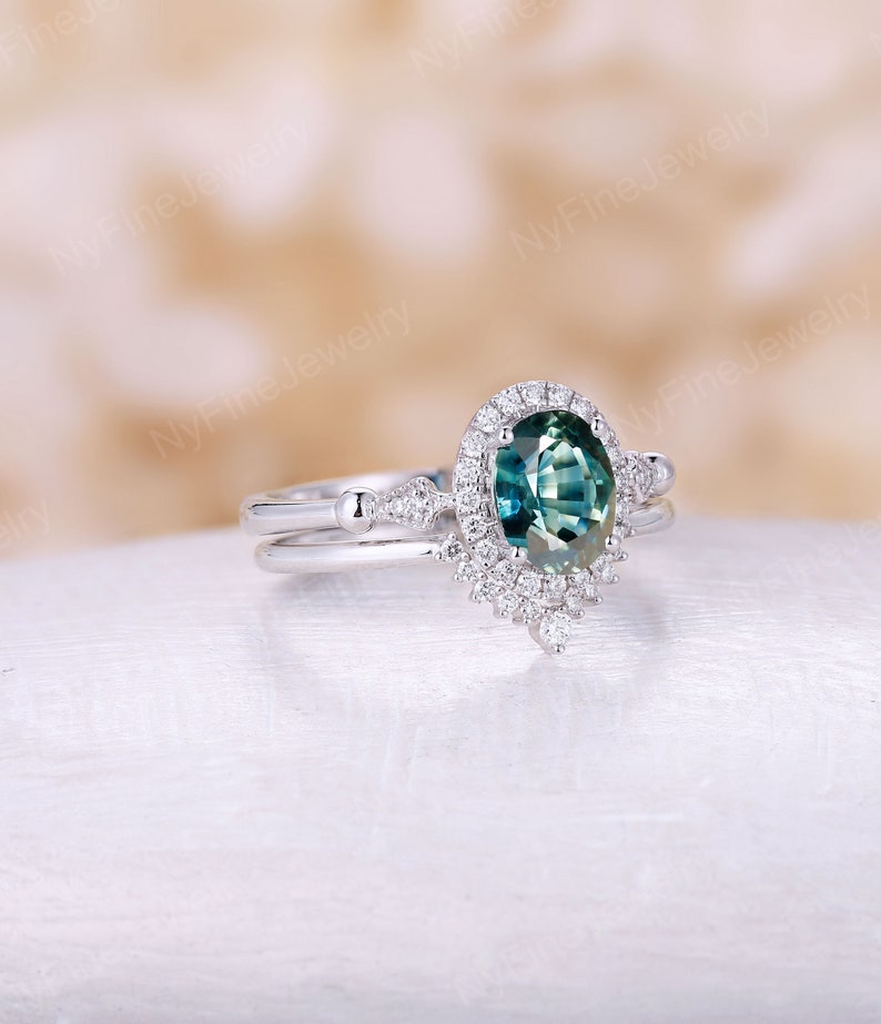 Vintage Teal Sapphire Engagement Ring Set White Gold Oval - Etsy