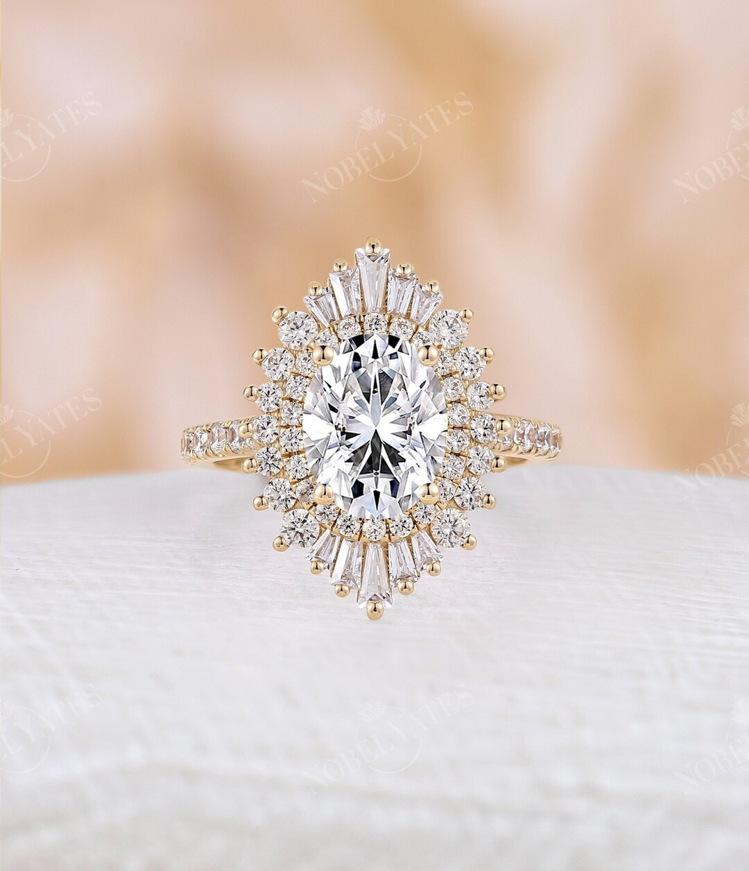 Art Deco Oval Moissanite Engagement Ring, 18K Gold Ring, Double