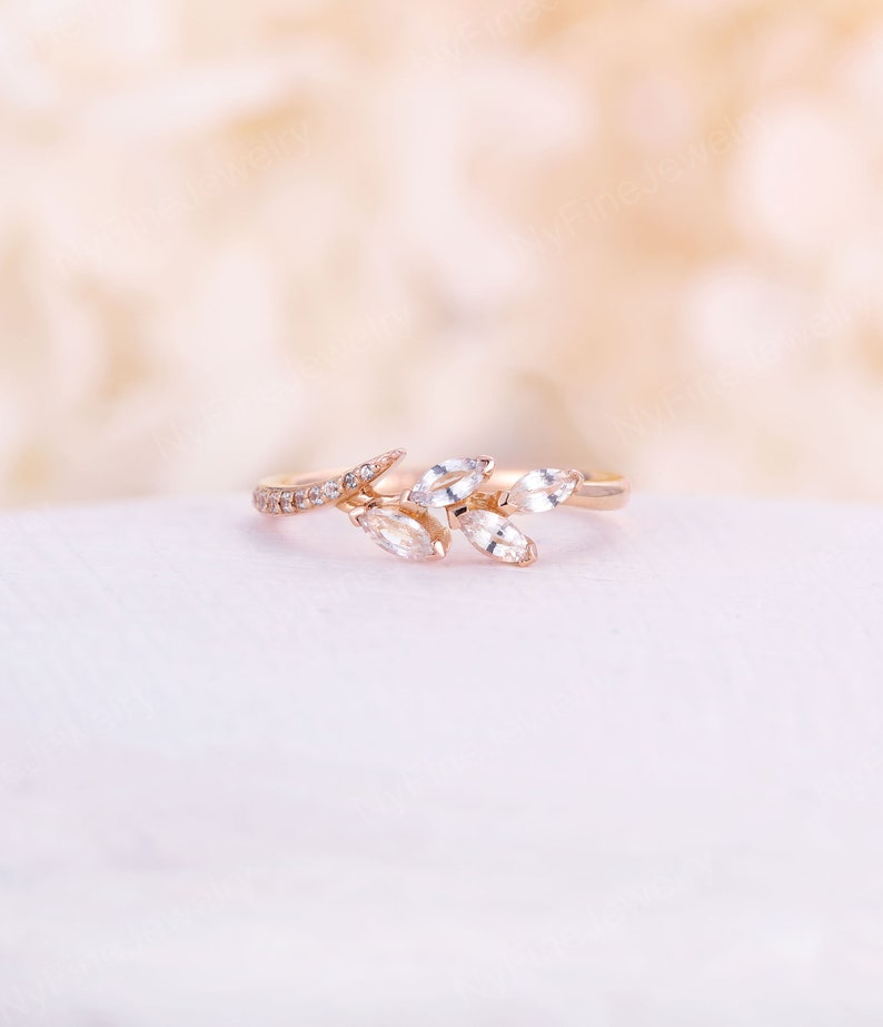 Yellow Gold Wedding Band Art Deco Diamond marquise white sapphire moissanite half eternity band Dainty Stacking Bridal set Anniversary gift