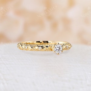 Vintage round shaped moissanite engagement ring Antique rose gold Milgrain ring Delicate Half eternity ring wedding promise Anniversary ring image 7