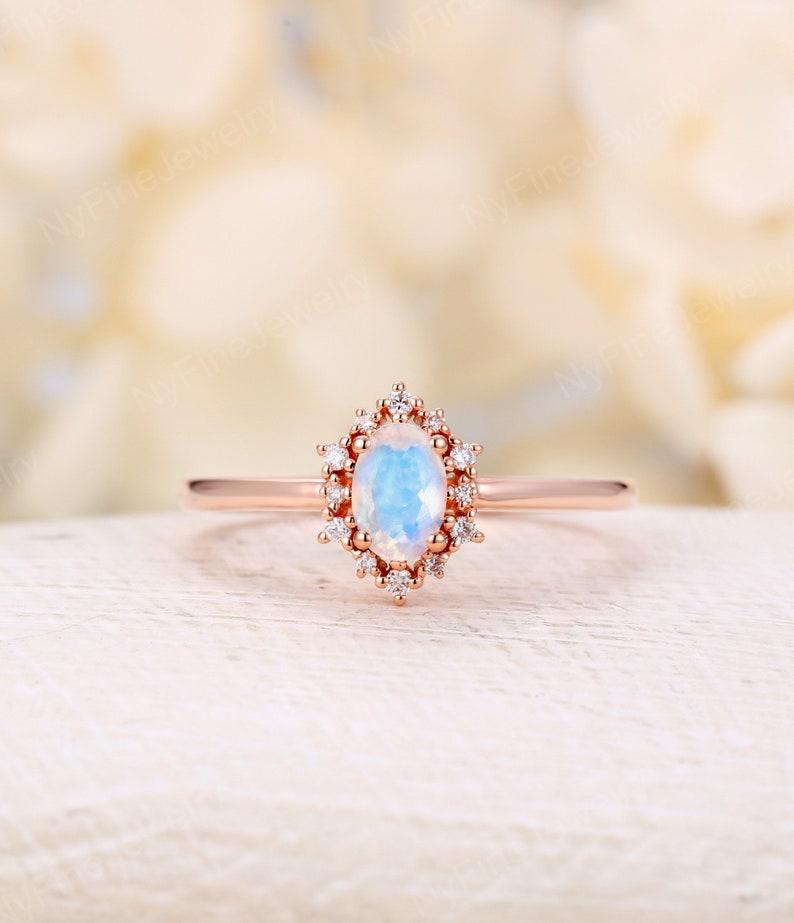 Vintage engagement ring forever One Moissanite ring rose gold oval diamond ring halo art deco ring wedding Anniversary ring bridal ring Moonstone