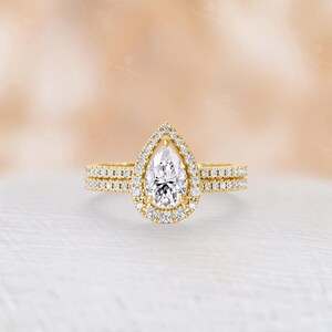 Classic Pear Cut Moissanite Engagement Ring Set, 14K Yellow Gold Ring, Matching Open Wedding Band Set, Women's Bridal Ring Set -NyFineJewelry