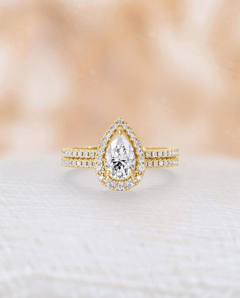 Classic Pear Cut Moissanite Engagement Ring Set, 14K Yellow Gold Ring, Matching Open Wedding Band Set, Women's Bridal Ring Set -NyFineJewelry
