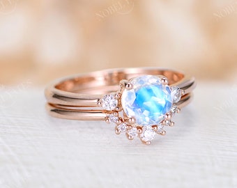 Round Moonstone engagement ring set rose gold ring vintage Curved three stones Diamond wedding band Stacking matching Bridal Anniversary