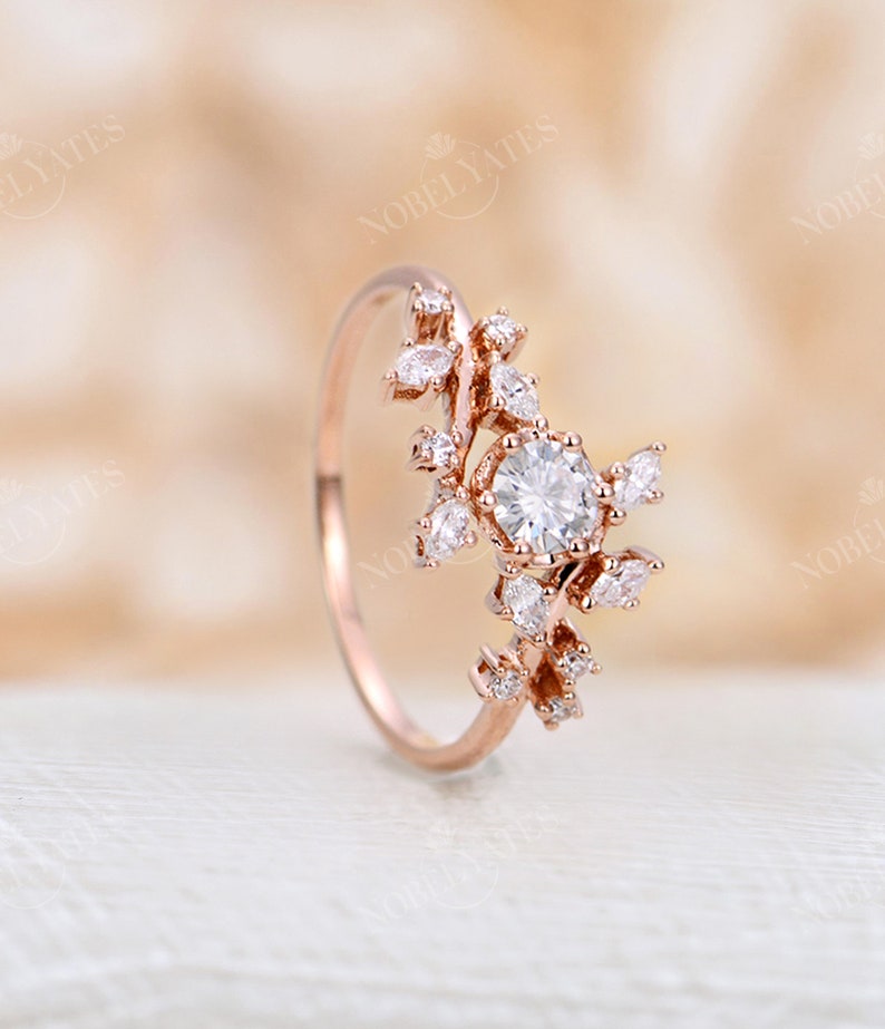 Vintage Diamond Engagement Ring Rose Gold Cluster Band Unique - Etsy