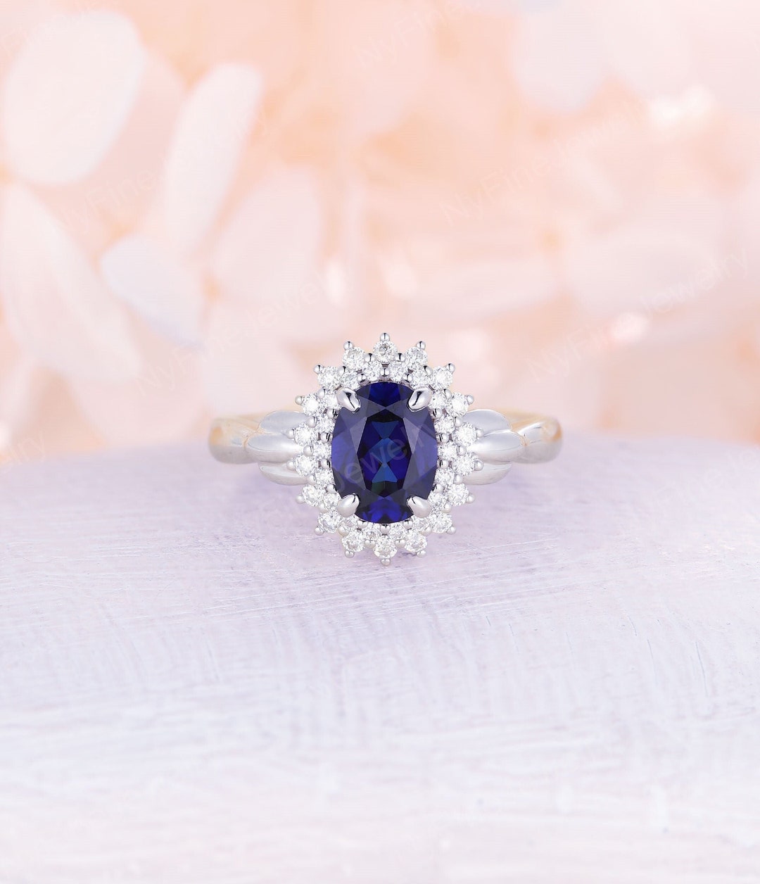 Sapphire Engagement Ring Vintage Oval Shaped Ring 14k White - Etsy