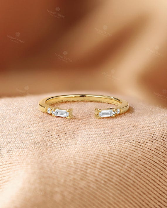 Minimalist Baguette Cut Lab Grown Diamond Open Wedding Band, Custom Matching Ring, Handmade 18K Yellow Gold Ring for Women