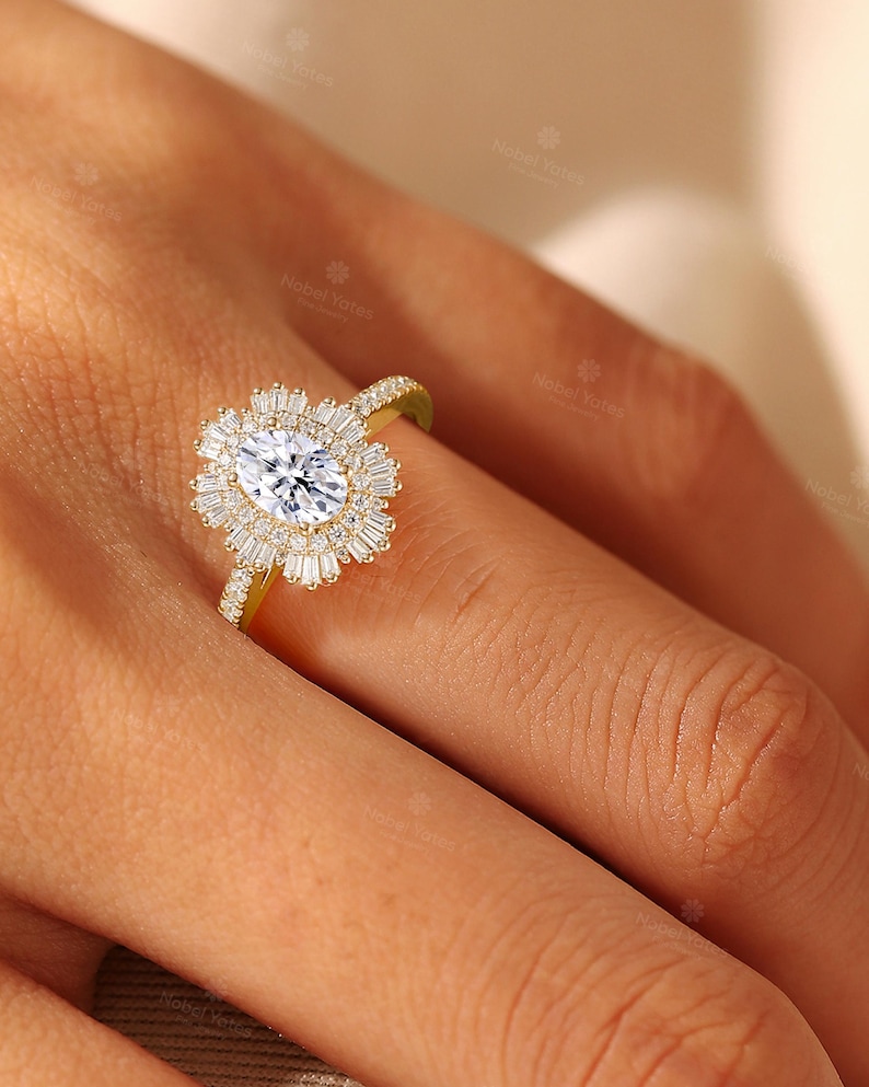 Pierścionek zaręczynowy z owalnym diamentem w stylu art déco, obrączka ślubna z podwójnym diamentem, pierścionek z półwiecznością, pierścionek ze złota 18-karatowego, pierścionek ślubny z moissanitem dla kobiet zdjęcie 6