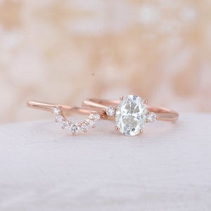 Oval Moissanite Engagement Ring set Rose gold three stones ring curved art deco wedding band unique Bridal Promise ring Anniversary ring image 4