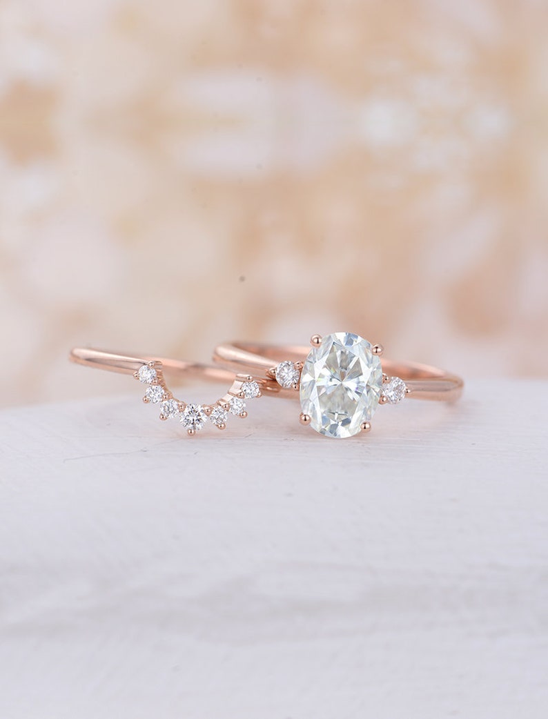 Oval Moissanite Engagement Ring set Rose gold three stones ring curved art deco wedding band unique Bridal Promise ring Anniversary ring image 4