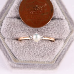 Akoya Pearl engagement ring Pearl ring rose gold Diamond wedding Dainty Three stones simple Unique art deco Anniversary promise ring image 6
