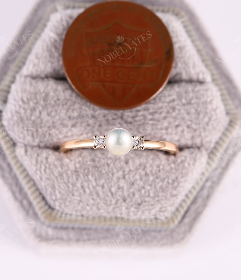 Akoya Pearl engagement ring Pearl ring rose gold Diamond wedding Dainty Three stones simple Unique art deco Anniversary promise ring image 6