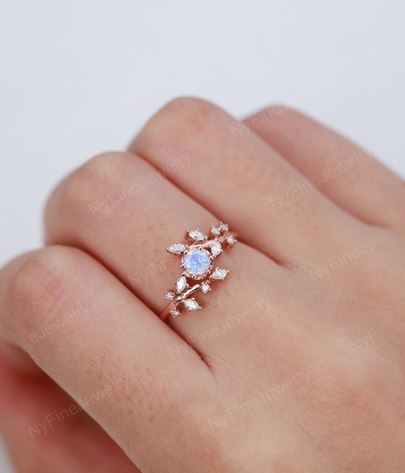 Rose gold moissanite engagement ring vintage Diamond Cluster ring prong unique leaf style wedding Bridal ring Promise Anniversary ring Moonstone