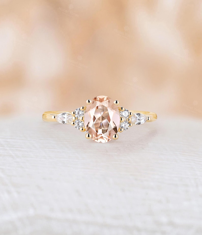 Pink morganite engagement ring oval cut ring cluster ring prong ring rose gold ring vintage ring art deco ring anniversary ring bridal ring image 8