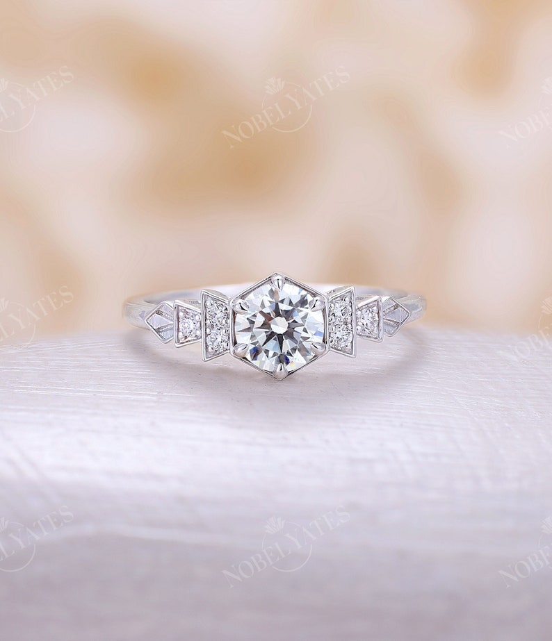 Round cut Moissanite engagement ring Vintage ring unique art deco solid white gold prong Natural Diamond ring bridal Anniversary ring image 1