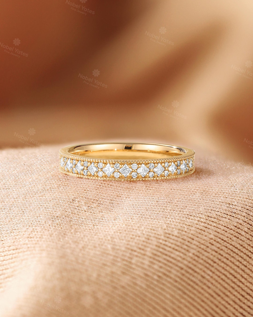 Lab Grown Diamond Pave Wedding Band, Solid Gold Milgrain Half Eternity ...