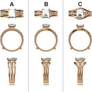 May include: Three rose gold ring designs labeled A, B, and C, each featuring a central emerald-cut light blue gemstone and small round accent stones along the band. The rings are shown from top, side, and profile views, displaying metal bands.