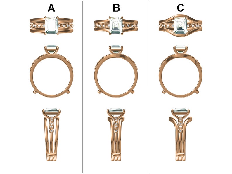 May include: Three rose gold ring designs labeled A, B, and C, each featuring a central emerald-cut light blue gemstone and small round accent stones along the band. The rings are shown from top, side, and profile views, displaying metal bands.