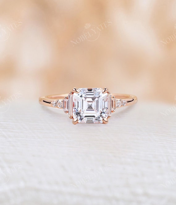 Art Deco Asscher Cut Moissanite Engagement Ring Rose Gold Prong Antique Baguette Diamond Bridal Ring Unique Moissanite Wedding Anniversary Etsy Canada