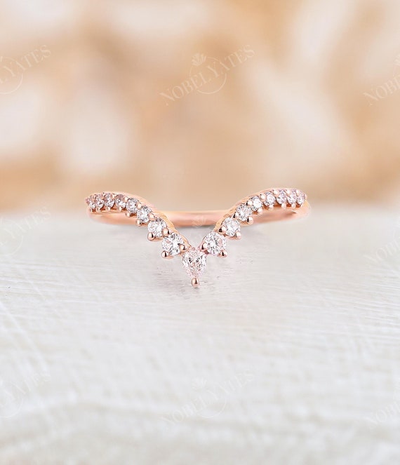 Curved diamond chevron wedding band rose gold Vintage pear cut Moissanite  half eternity stacking ring Unique Bridal Promise Anniversary ring